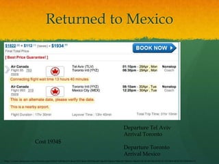 Returned to Mexico




                                                                                           Departure Tel Aviv
                                                                                           Arrival Toronto
                       Cost 1934$
                                                                                           Departure Toronto
                                                                                           Arrival Mexico
http://www.cheapoair.com/Default.aspx?tabid=1685&sid=1&oa=SDV&da=MEX&adt=1&chd=0&snr=0&infl=0&infs=0&dd=04-30-2013&rd=05-01-2013&tt=ROUNDTRIP&lc=1
 