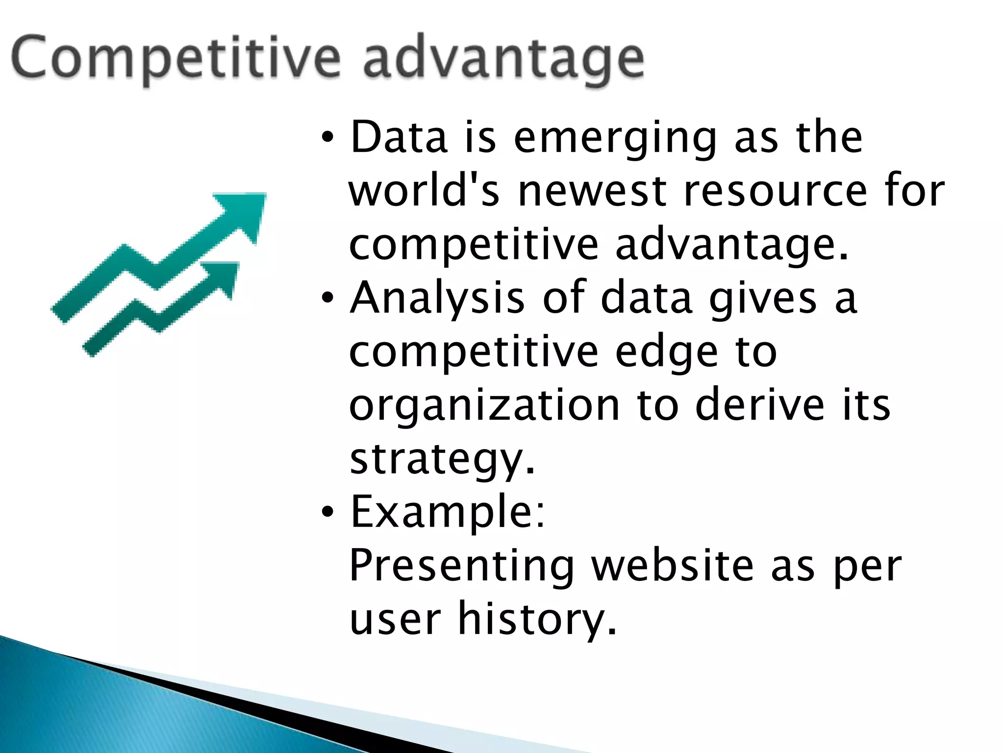 • Data is emerging as the
world's newest resource for
competitive advantage.
• Analysis of data gives a
competitive edge to
organization to derive its
strategy.
• Example:
Presenting website as per
user history.
 