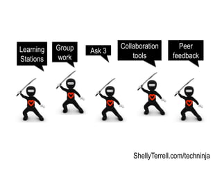 ShellyTerrell.com/techninja
Group
work
Learning
Stations
Ask 3
Collaboration
tools
Peer
feedback
 