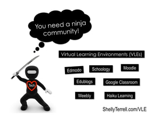 Edmodo
Virtual Learning Environments (VLEs)
Google Classroom
Moodle
Edublogs
Haiku Learning
Schoology
Weebly
Tech
You need a ninja
community!
ShellyTerrell.com/VLE
 