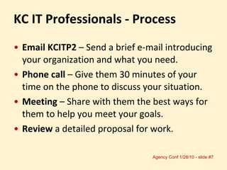 Email KCITP2  – Send a brief e-mail introducing your organization and what you need. Phone call  – Give them 30 minutes of your time on the phone to discuss your situation. Meeting  – Share with them the best ways for them to help you meet your goals. Review  a detailed proposal for work. KC IT Professionals - Process 