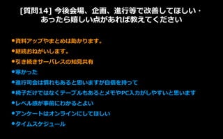 [質問14] 今後会場、企画、進行等で改善してほしい・
あったら嬉しい点があれば教えてください
•資料アップやまとめは助かります。
•継続おねがいします。
•引き続きサーバレスの知見共有
•寒かった
•進行司会は慣れもあると思いますが自信を持っ...