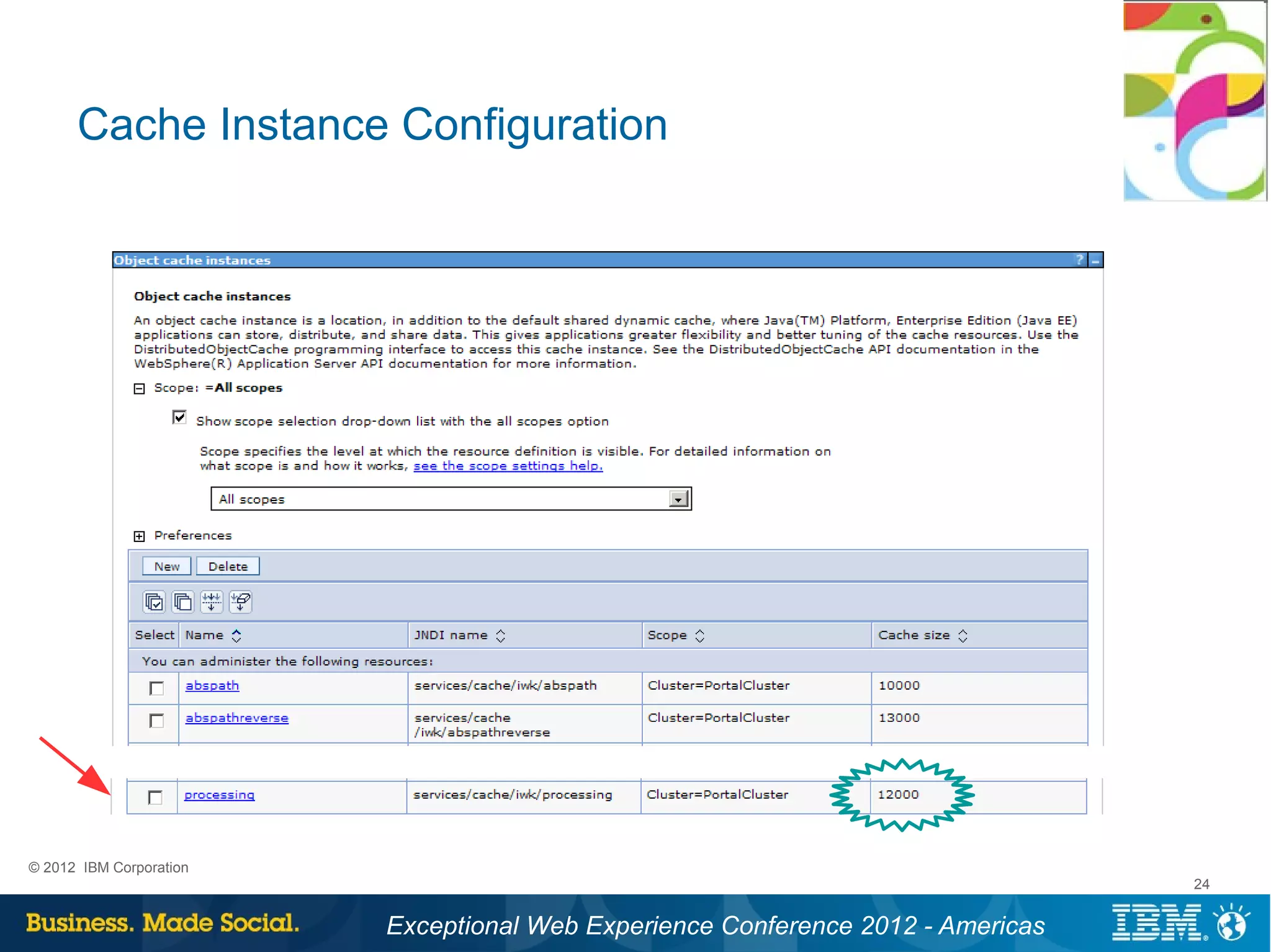 Cache Instance Configuration




© 2012 IBM Corporation
                                                                                 24


                         Exceptional Web Experience Conference 2012 - Americas
 
