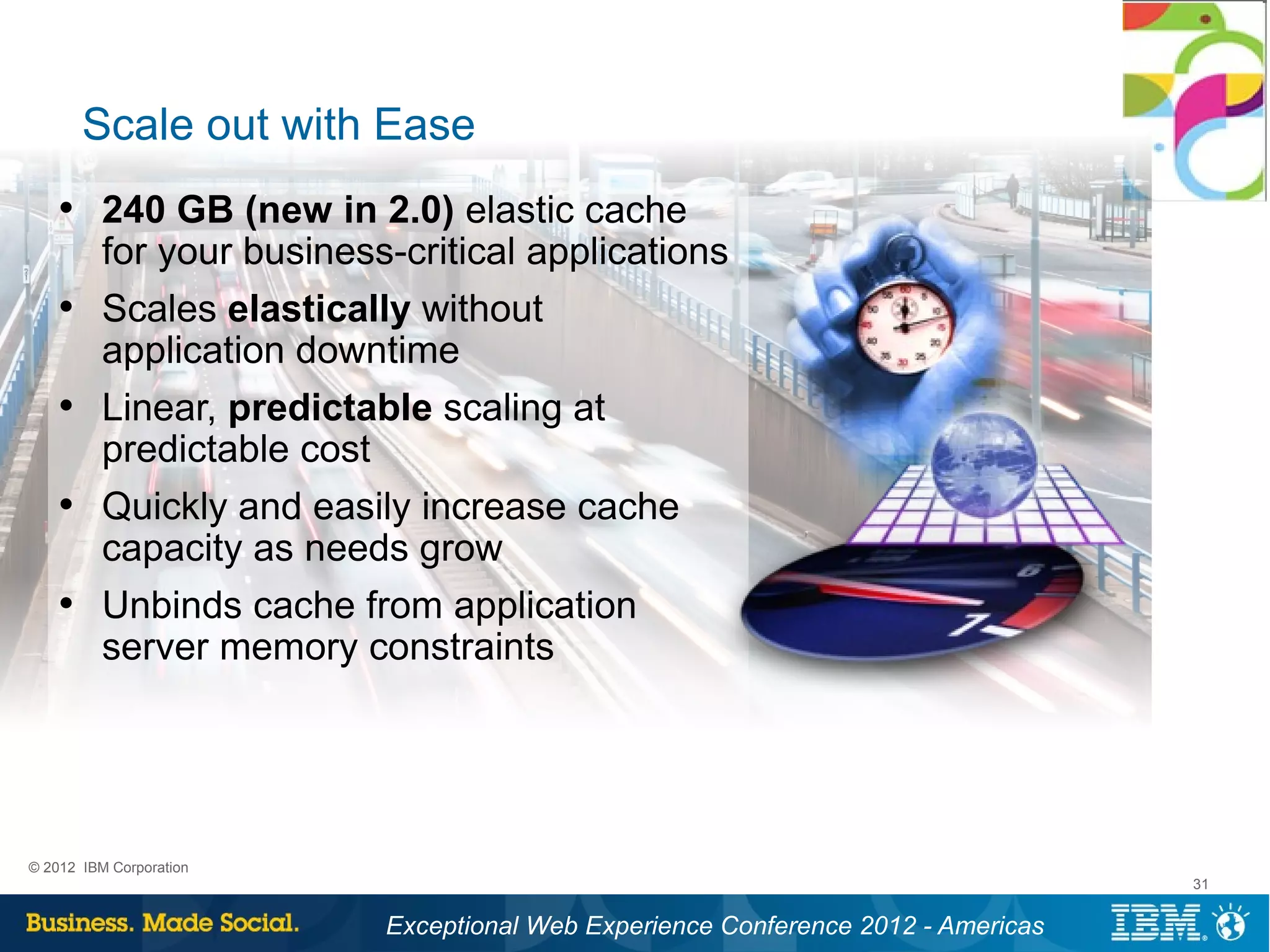 Scale out with Ease
    • 240 GB (new in 2.0) elastic cache
      for your business-critical applications
    • Scales elastically without
      application downtime
    • Linear, predictable scaling at
      predictable cost
    • Quickly and easily increase cache
      capacity as needs grow
    • Unbinds cache from application
      server memory constraints




© 2012 IBM Corporation
                                                                                 31


                         Exceptional Web Experience Conference 2012 - Americas
 