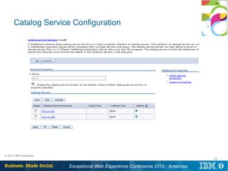 Catalog Service Configuration




© 2012 IBM Corporation
                                                                                 22


                         Exceptional Web Experience Conference 2012 - Americas
 