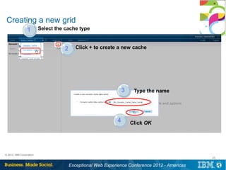 Creating a new grid
                 1       Select the cache type


                                   2      Click + to create a new cache




                                                                 3    Type the name




                                                             4       Click OK




© 2012 IBM Corporation
                                                                                               23


                                       Exceptional Web Experience Conference 2012 - Americas
 