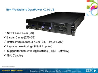 IBM WebSphere DataPower XC10 V2




   New Form Factor (2U)
   Larger Cache (240 GB)
   Better Performance (Faster SSD, Use of RAM)
   Improved monitoring (SNMP Support)
   Support for non-Java Applications (REST Gateway)
   Grid Capping


© 2012 IBM Corporation
                                                                                 30


                         Exceptional Web Experience Conference 2012 - Americas
 