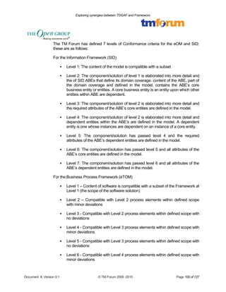 Exploring synergies between TOGAF and Frameworx 
The TM Forum has defined 7 levels of Conformance criteria for the eOM and SID; 
these are as follows: 
For the Information Framework (SID) 
 Level 1: The content of the model is compatible with a subset 
 Level 2: The component/solution of level 1 is elaborated into more detail and 
the of SID ABEs that define its domain coverage. content of the ABE, part of 
the domain coverage and defined in the model, contains the ABE’s core 
business entity or entities. A core business entity is an entity upon which other 
entities within ABE are dependent. 
 Level 3: The component/solution of level 2 is elaborated into more detail and 
the required attributes of the ABE’s core entities are defined in the model. 
 Level 4: The component/solution of level 2 is elaborated into more detail and 
dependent entities within the ABE’s are defined in the model. A dependent 
entity is one whose instances are dependent on an instance of a core entity. 
 Level 5: The component/solution has passed level 4 and the required 
attributes of the ABE’s dependent entities are defined in the model. 
 Level 6: The component/solution has passed level 5 and all attributes of the 
ABE’s core entities are defined in the model. 
 Level 7: The component/solution has passed level 6 and all attributes of the 
ABE’s dependent entities are defined in the model. 
For the Business Process Framework (eTOM) 
 Level 1 – Content of software is compatible with a subset of the Framework at 
Level 1 (the scope of the software solution) 
 Level 2 – Compatible with Level 2 process elements within defined scope 
with minor deviations 
 Level 3 - Compatible with Level 2 process elements within defined scope with 
no deviations 
 Level 4 - Compatible with Level 3 process elements within defined scope with 
minor deviations 
 Level 5 - Compatible with Level 3 process elements within defined scope with 
no deviations 
 Level 6 - Compatible with Level 4 process elements within defined scope with 
minor deviations 
Document #, Version 0.1 © TM Forum 2008 -2010 Page 100 of 127 
 