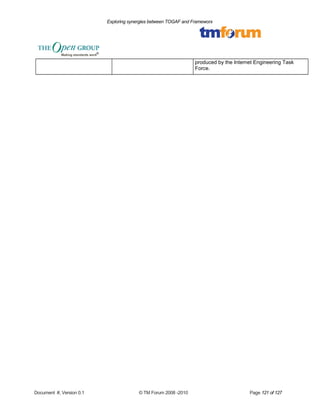Exploring synergies between TOGAF and Frameworx 
produced by the Internet Engineering Task 
Force. 
Document #, Version 0.1 © TM Forum 2008 -2010 Page 121 of 127 
 