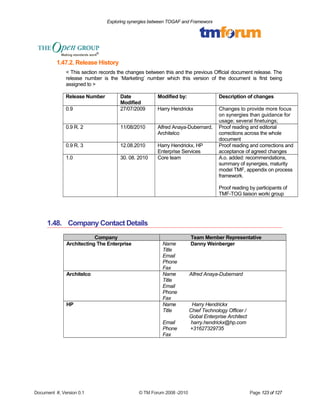 Exploring synergies between TOGAF and Frameworx 
1.47.2. Release History 
< This section records the changes between this and the previous Official document release. The 
release number is the ‘Marketing’ number which this version of the document is first being 
assigned to > 
Release Number Date 
Modified 
Modified by: Description of changes 
0.9 27/07/2009 Harry Hendrickx Changes to provide more focus 
on synergies than guidance for 
usage; several finetuings; 
0.9 R. 2 11/08/2010 Alfred Anaya-Dubernard, 
Architelco 
Proof reading and editorial 
corrections across the whole 
document 
0.9 R. 3 12.08.2010 Harry Hendrickx, HP 
Enterprise Services 
Proof reading and corrections and 
acceptance of agreed changes 
1.0 30. 08. 2010 Core team A.o. added: recommendations, 
summary of synergies, maturity 
model TMF, appendix on process 
framework. 
Proof reading by participants of 
TMF-TOG liaison worki group 
1.48. Company Contact Details 
Company Team Member Representative 
Architecting The Enterprise Name Danny Weinberger 
Title 
Email 
Phone 
Fax 
Architelco Name Alfred Anaya-Dubernard 
Title 
Email 
Phone 
Fax 
HP Name Harry Hendrickx 
Title Chief Technology Officer / 
Gobal Enterprise Architect 
Email harry.hendrickx@hp.com 
Phone +31627329735 
Fax 
Document #, Version 0.1 © TM Forum 2008 -2010 Page 123 of 127 
 