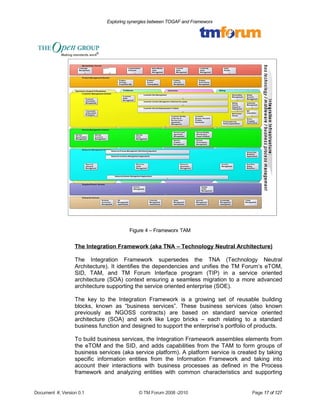 Exploring synergies between TOGAF and Frameworx 
Figure 4 – Frameworx TAM 
The Integration Framework (aka TNA – Technology Neutral Architecture) 
The Integration Framework supersedes the TNA (Technology Neutral 
Architecture). It identifies the dependencies and unifies the TM Forum’s eTOM, 
SID, TAM, and TM Forum Interface program (TIP) in a service oriented 
architecture (SOA) context ensuring a seamless migration to a more advanced 
architecture supporting the service oriented enterprise (SOE). 
The key to the Integration Framework is a growing set of reusable building 
blocks, known as “business services”. These business services (also known 
previously as NGOSS contracts) are based on standard service oriented 
architecture (SOA) and work like Lego bricks – each relating to a standard 
business function and designed to support the enterprise’s portfolio of products. 
To build business services, the Integration Framework assembles elements from 
the eTOM and the SID, and adds capabilities from the TAM to form groups of 
business services (aka service platform). A platform service is created by taking 
specific information entities from the Information Framework and taking into 
account their interactions with business processes as defined in the Process 
framework and analyzing entities with common characteristics and supporting 
Document #, Version 0.1 © TM Forum 2008 -2010 Page 17 of 127 
 