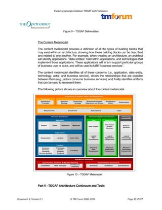 Exploring synergies between TOGAF and Frameworx 
Figure 9 – TOGAF Deliverables 
The Content Metamodel 
The content metamodel provides a definition of all the types of building blocks that 
may exist within an architecture, showing how these building blocks can be described 
and related to one another. For example, when creating an architecture, an architect 
will identify applications, ‘‘data entities’’ held within applications, and technologies that 
implement those applications. These applications will in turn support particular groups 
of business user or actor, and will be used to fulfill ‘‘business services’’. 
The content metamodel identifies all of these concerns (i.e., application, data entity, 
technology, actor, and business service), shows the relationships that are possible 
between them (e.g., actors consume business services), and finally identifies artifacts 
that can be used to represent them. 
The following picture shows an overview about the content metamodel. 
Figure 10 – TOGAF Metamodel 
Part V - TOGAF Architecture Continuum and Tools 
Document #, Version 0.1 © TM Forum 2008 -2010 Page 23 of 127 
 
