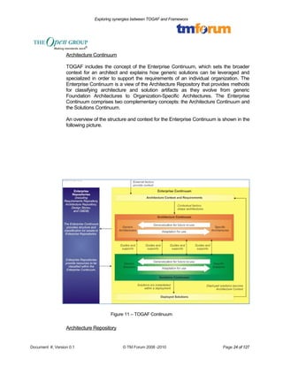 Exploring synergies between TOGAF and Frameworx 
Architecture Continuum 
TOGAF includes the concept of the Enterprise Continuum, which sets the broader 
context for an architect and explains how generic solutions can be leveraged and 
specialized in order to support the requirements of an individual organization. The 
Enterprise Continuum is a view of the Architecture Repository that provides methods 
for classifying architecture and solution artifacts as they evolve from generic 
Foundation Architectures to Organization-Specific Architectures. The Enterprise 
Continuum comprises two complementary concepts: the Architecture Continuum and 
the Solutions Continuum. 
An overview of the structure and context for the Enterprise Continuum is shown in the 
following picture. 
Figure 11 – TOGAF Continuum 
Architecture Repository 
Document #, Version 0.1 © TM Forum 2008 -2010 Page 24 of 127 
 