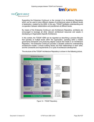 Exploring synergies between TOGAF and Frameworx 
Supporting the Enterprise Continuum is the concept of an Architecture Repository 
which can be used to store different classes of architectural output at different levels 
of abstraction, created by the ADM. In this way, TOGAF facilitates understanding and 
co-operation between stakeholders and practitioners at different levels. 
By means of the Enterprise Continuum and Architecture Repository, architects are 
encouraged to leverage all other relevant architectural resources and assets in 
developing an Organization-Specific Architecture. 
In this context, the TOGAF ADM can be regarded as describing a process lifecycle 
that operates at multiple levels within the organization, operating within a holistic 
governance framework and producing aligned outputs that reside in an Architecture 
Repository. The Enterprise Continuum provides a valuable context for understanding 
architectural models: it shows building blocks and their relationships to each other, 
and the constraints and requirements on a cycle of architecture development. 
The structure of the TOGAF Architecture Repository is shown in the following picture. 
Figure 12 – TOGAF Repository 
Document #, Version 0.1 © TM Forum 2008 -2010 Page 25 of 127 
 
