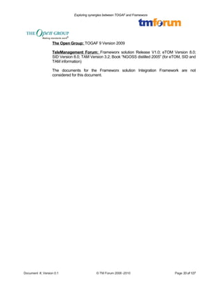 Exploring synergies between TOGAF and Frameworx 
The Open Group: TOGAF 9 Version 2009 
TeleManagement Forum: Frameworx solution Release V1.0; eTOM Version 8.0; 
SID Version 8.0; TAM Version 3.2; Book “NGOSS distilled 2005” (for eTOM, SID and 
TAM information) 
The documents for the Frameworx solution Integration Framework are not 
considered for this document. 
Document #, Version 0.1 © TM Forum 2008 -2010 Page 33 of 127 
 