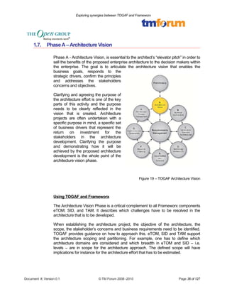 Exploring synergies between TOGAF and Frameworx 
1.7. Phase A – Architecture Vision 
Phase A - Architecture Vision, is essential to the architect’s “elevator pitch” in order to 
sell the benefits of the proposed enterprise architecture to the decision makers within 
the enterprise. The goal is to articulate the architecture vision that enables the 
business goals, responds to the 
strategic drivers, confirm the principles 
and addresses the stakeholders 
concerns and objectives. 
Clarifying and agreeing the purpose of 
the architecture effort is one of the key 
parts of this activity and the purpose 
needs to be clearly reflected in the 
vision that is created. Architecture 
projects are often undertaken with a 
specific purpose in mind, a specific set 
of business drivers that represent the 
return on investment for the 
stakeholders in the architecture 
development. Clarifying the purpose 
and demonstrating how it will be 
achieved by the proposed architecture 
development is the whole point of the 
architecture vision phase. 
Figure 19 – TOGAF Architecture Vision 
Using TOGAF and Frameworx 
The Architecture Vision Phase is a critical complement to all Frameworx components 
eTOM, SID, and TAM. It describes which challenges have to be resolved in the 
architecture that is to be developed. 
When establishing the architecture project, the objective of the architecture, the 
scope, the stakeholder’s concerns and business requirements need to be identified. 
TOGAF provides guidance on how to approach this. eTOM, SID and TAM support 
the architecture scoping and partitioning. For example, one has to define which 
architecture domains are considered and which breadth in eTOM and SID – i.e. 
levels – are in scope for the architecture approach. The defined scope will have 
implications for instance for the architecture effort that has to be estimated. 
Document #, Version 0.1 © TM Forum 2008 -2010 Page 36 of 127 
 