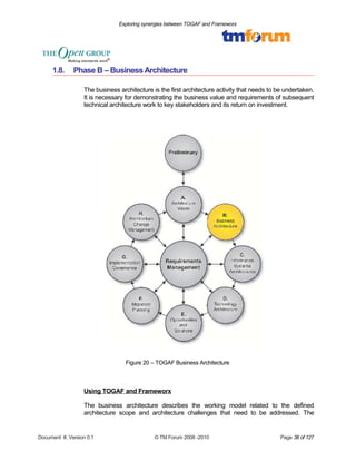 Exploring synergies between TOGAF and Frameworx 
1.8. Phase B – Business Architecture 
The business architecture is the first architecture activity that needs to be undertaken. 
It is necessary for demonstrating the business value and requirements of subsequent 
technical architecture work to key stakeholders and its return on investment. 
Figure 20 – TOGAF Business Architecture 
Using TOGAF and Frameworx 
The business architecture describes the working model related to the defined 
architecture scope and architecture challenges that need to be addressed. The 
Document #, Version 0.1 © TM Forum 2008 -2010 Page 38 of 127 
 