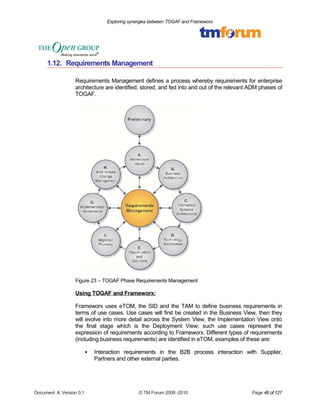 Exploring synergies between TOGAF and Frameworx 
1.12. Requirements Management 
Requirements Management defines a process whereby requirements for enterprise 
architecture are identified, stored, and fed into and out of the relevant ADM phases of 
TOGAF. 
Figure 23 – TOGAF Phase Requirements Management 
Using TOGAF and Frameworx: 
Frameworx uses eTOM, the SID and the TAM to define business requirements in 
terms of use cases. Use cases will first be created in the Business View, then they 
will evolve into more detail across the System View, the Implementation View onto 
the final stage which is the Deployment View; such use cases represent the 
expression of requirements according to Frameworx. Different types of requirements 
(including business requirements) are identified in eTOM, examples of these are: 
 Interaction requirements in the B2B process interaction with Supplier, 
Partners and other external parties. 
Document #, Version 0.1 © TM Forum 2008 -2010 Page 48 of 127 
 