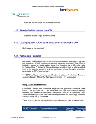 Exploring synergies between TOGAF and Frameworx 
This section is not in scope of the mapping exercise 
1.15. Security Architecture and the ADM 
This section is not in scope of this document. 
1.16. Leveraging both TOGAF and Frameworx in the context of SOA 
Not inscope of this document 
1.17. Architecture Principles 
Architecture principles define the underlying general rules and guidelines for the use 
and deployment of all IT resources and assets across the enterprise. They reflect a 
level of consensus among the various elements of the enterpr ise, and form the basis 
for making future IT decisions. Each architecture principle should be clearly related 
back to the business objectives and key architecture drivers. Principles shape the 
organization and IT of an enterprise. 
In TOGAF architecture principles are defined as a subset of IT principles. They are 
considered as part of hierarchy of principles: enterprise – IT – architecture. 
Using TOGAF and Frameworx: 
Considering TOGAF and Frameworx, especially the application framework TAM 
maps to the principles of TOGAF (enterprise principles, information technology 
principles and architecture principles). The section “Core NGOSS principles” now 
“Core Frameworx principles” describes ten key business and technology principles 
from the perspective of Frameworx. 
These ten principles can be mapped into the architecture principles as shown below: 
TOGAF Principles Frameworx Principles Respective Frameworx 
Principle covered in 
Document #, Version 0.1 © TM Forum 2008 -2010 Page 55 of 127 
 