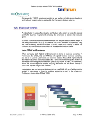Exploring synergies between TOGAF and Frameworx 
Consequently, TOGAF provides an additional and useful method in terms of patterns 
and methods to apply patterns, as input to the Frameworx defined patterns. 
1.20. Business Scenarios 
A critical factor in successful enterprise architecture is the extent to which it is aligned 
and fulfills business requirements enabling the enterprise to achieve its business 
goals. 
Business Scenarios are an important technique that may be used at various stages of 
the enterprise architecture (e.g. Architecture Vision and Business Architecture). They 
are used to identify and to understand business needs and thereby to derive the 
business requirements that the architecture development has to address. 
Using TOGAF and Frameworx: 
When comparing both TOGAF and Frameworx in terms of business scenarios, in 
Frameworx, the eTOM, SID and TAM do not explicitly include business scenarios, 
but are to be used in Use Cases and business process flows which represent and 
describe the business scenarios used in the Frameworx methodology; the method is 
described in the Integration Framework (previously known as TNA) in Frameworx, 
which will be the object of another mapping document that this team intends to 
produce in the next stage of this initiative. 
Nevertheless, we can conclude at this stage that the eTOM, SID, and TAM should be 
applied in use cases to describe business scenarios as part of the phase A - 
Architecture Vision of the TOGAF ADM. 
Document #, Version 0.1 © TM Forum 2008 -2010 Page 61 of 127 
 