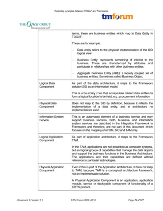 Exploring synergies between TOGAF and Frameworx 
terms, these are business entities which map to Data Entity in 
TOGAF. 
These are for example: 
- Data entity refers to the physical implementation of the SID 
logical view 
- Business Entity: represents something of interest to the 
business. These are characterized by attributes and 
participate in relationships with other business entities. 
- Aggregate Business Entity (ABE): a loosely coupled set of 
business entities. Sometimes called Business Object. 
Logical Data 
Component 
As part of the data architecture, it maps to the Frameworx 
solution SID as an information model. 
This is a boundary zone that encapsulate related data entities to 
form a logical location to be held, e.g.: procurement information 
Physical Data 
Component 
Does not map to the SID by definition, because it reflects the 
implementation of a data entity, and in architecture no 
implementations exist. 
Information System 
Service 
This is an automated element of a business service and may 
support business services. Both, business- and information 
system services are described in the Integration Framework in 
Frameworx and therefore, are not part of this document which 
focuses on the mapping of eTOM, SID and TAM only. 
Logical Application 
Component 
As part of application architecture, it maps to the Frameworx 
TAM. 
In the TAM, applications are not described as computer systems, 
but as logical groups of capabilities that manage the data objects 
and support the business functions in the Business Architecture. 
The applications and their capabilities are defined without 
reference to particular technologies. 
Physical Application 
Component 
Even if this is part of the Application Architecture, it does not map 
to TAM, because TAM is a conceptual architecture framework, 
not an implementable solution. 
A Physical Application Component is an application, application 
module, service or deployable component of functionality of a 
COTS product. 
Document #, Version 0.1 © TM Forum 2008 -2010 Page 79 of 127 
 