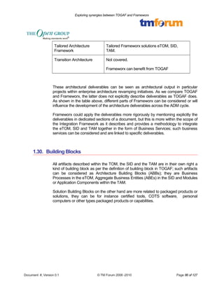 Exploring synergies between TOGAF and Frameworx 
Tailored Architecture 
Framework 
Tailored Frameworx solutions eTOM, SID, 
TAM. 
Transition Architecture Not covered. 
Frameworx can benefit from TOGAF 
These architectural deliverables can be seen as architectural output in particular 
projects within enterprise architecture revamping initiatives. As we compare TOGAF 
and Frameworx, the latter does not explicitly describe deliverables as TOGAF does. 
As shown in the table above, different parts of Frameworx can be considered or will 
influence the development of the architecture deliverables across the ADM cycle. 
Frameworx could apply the deliverables more rigorously by mentioning explicitly the 
deliverables in dedicated sections of a document, but this is more within the scope of 
the Integration Framework as it describes and provides a methodology to integrate 
the eTOM, SID and TAM together in the form of Business Services; such business 
services can be considered and are linked to specific deliverables. 
1.30. Building Blocks 
All artifacts described within the TOM, the SID and the TAM are in their own right a 
kind of building block as per the definition of building block in TOGAF; such artifacts 
can be considered as Architecture Building Blocks (ABBs); they are Business 
Processes in the eTOM, Aggregate Business Entities (ABEs) in the SID and Modules 
or Application Components within the TAM. 
Solution Building Blocks on the other hand are more related to packaged products or 
solutions, they can be for instance certified tools, COTS software, personal 
computers or other types packaged products or capabilities. 
Document #, Version 0.1 © TM Forum 2008 -2010 Page 86 of 127 
 