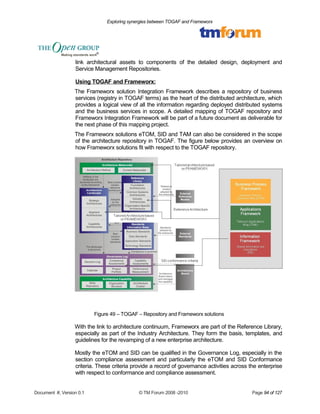 Exploring synergies between TOGAF and Frameworx 
link architectural assets to components of the detailed design, deployment and 
Service Management Repositories. 
Using TOGAF and Frameworx: 
The Frameworx solution Integration Framework describes a repository of business 
services (registry in TOGAF terms) as the heart of the distributed architecture, which 
provides a logical view of all the information regarding deployed distributed systems 
and the business services in scope. A detailed mapping of TOGAF repository and 
Frameworx Integration Framework will be part of a future document as deliverable for 
the next phase of this mapping project. 
The Frameworx solutions eTOM, SID and TAM can also be considered in the scope 
of the architecture repository in TOGAF. The figure below provides an overview on 
how Frameworx solutions fit with respect to the TOGAF repository. 
Figure 49 – TOGAF – Repository and Frameworx solutions 
With the link to architecture continuum, Frameworx are part of the Reference Library, 
especially as part of the Industry Architecture. They form the basis, templates, and 
guidelines for the revamping of a new enterprise architecture. 
Mostly the eTOM and SID can be qualified in the Governance Log, especially in the 
section compliance assessment and particularly the eTOM and SID Conformance 
criteria. These criteria provide a record of governance activities across the enterprise 
with respect to conformance and compliance assessment. 
Document #, Version 0.1 © TM Forum 2008 -2010 Page 94 of 127 
 