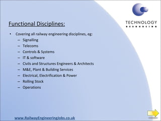 Functional Disciplines: Covering all railway engineering disciplines, eg: Signalling Telecoms Controls & Systems IT & software Civils and Structures Engineers & Architects M&E, Plant & Building Services Electrical, Electrification & Power Rolling Stock Operations www.RailwayEngineeringJobs.co.uk 