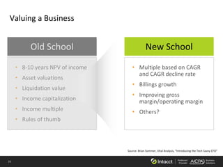 15 Preferred
Provider
Business
Solutions
• 8-10 years NPV of income
• Asset valuations
• Liquidation value
• Income capitalization
• Income multiple
• Rules of thumb
Old School
Valuing a Business
Source: Brian Sommer, Vital Analysis, “Introducing the Tech Savvy CFO”
• Multiple based on CAGR
and CAGR decline rate
• Billings growth
• Improving gross
margin/operating margin
• Others?
New School
 