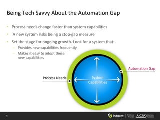 45 Preferred
Provider
Business
Solutions
Being Tech Savvy About the Automation Gap
• Process needs change faster than system capabilities
• A new system risks being a stop-gap measure
• Set the stage for ongoing growth. Look for a system that:
– Provides new capabilities frequently
– Makes it easy to adopt these
new capabilities
System
Capabilities
Process Needs
Automation Gap
 