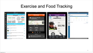 Exercise and Food Tracking




                                                    18

Friday, April 12, 13
 