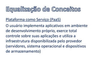 Plataforma como Serviço (PaaS)
O usuário implementa aplicativos em ambiente
de desenvolvimento próprio, exerce total
controle sobre suas aplicações e utiliza a
infraestrutura disponibilizada pelo provedor
(servidores, sistema operacional e dispositivos
de armazenamento)
 