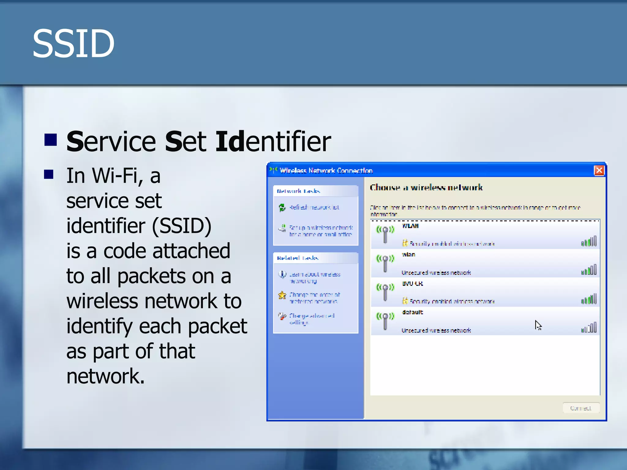 SSID S ervice  S et  Id entifier In Wi-Fi, a  service set  identifier (SSID)  is a code attached  to all packets on a  wireless network to  identify each packet  as part of that  network. 
