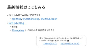 最新情報はここをみる
• GitHubのTwitterアカウント
• @github, @GHchangelog, @GitHubJapan
• GitHub blog
• Blog
• Changelog ← GitHub自体の更新はこちら
Twitch（ライブ） YouTube（アーカイブ）
週刊でGitHubのアップデートをチェックする配信をして
いるので、ぜひ見に来てください♪📻
 
