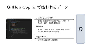 GitHub Copilotで扱われるデータ
Prompts
User Engagement Data
入力している内容、カーソルの前後のコードや
コメント、開いているタブの内容
提案の採用/却下などのアクション、メトリック
やエラーなど一般的な使用状況
Suggestions
GitHub Copilotによる提案
 