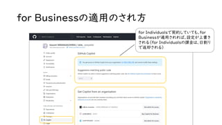 for Businessの適用のされ方
for Individualsで契約していても、for
Businessが適用されれば、設定が上書き
される（for Individualsの課金は、日割り
で返却される）
 