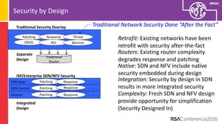 #RSAC
Security by Design
Traditional
Router
Patching Response Threat
DDOS ACL Monitor
Traditional Security Overlay
ISP/Enterprise SDN/NFV Security
SDN Apps
SDN Control
Devices
Patching
Patching
Patching
Response
Response
Response
Integrated
Design
Separate
Design
. . .
. . .
. . .
Retrofit: Existing networks have been
retrofit with security after-the-fact
Routers: Existing router complexity
degrades response and patching
Native: SDN and NFV include native
security embedded during design
Integration: Security by design in SDN
results in more integrated security
Complexity: Fresh SDN and NFV design
provide opportunity for simplification
(Security Designed In)
Traditional Network Security Done “After the Fact”
 