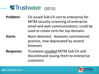 Problem: CA issued Sub-CA cert to enterprise for
MITM security screening of enterprise
email and web communications; could be
used to create certs for top domains
Harm: None detected. However, controversial
practice, now deprecated by several
browsers
Response: Trustwave revoked MITM Sub-CA and
discontinued issuing them to enterprise
customers
(2012)
 