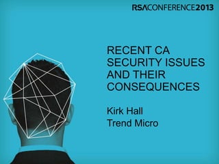 RECENT CA
SECURITY ISSUES
AND THEIR
CONSEQUENCES
Kirk Hall
Trend Micro
 