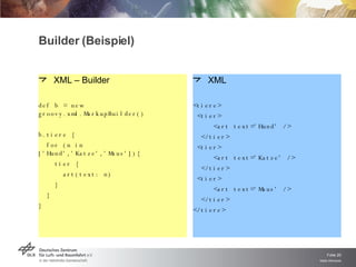 Builder (Beispiel) XML <tiere> <tier> <art text='Hund' /> </tier> <tier> <art text='Katze' /> </tier> <tier> <art text='Maus' /> </tier> </tiere> XML – Builder def b = new groovy.xml.MarkupBuilder() b.tiere { for (n in ['Hund','Katze','Maus']){ tier { art(text: n) } } } 