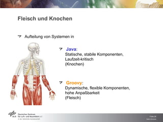 Fleisch und Knochen Aufteilung von Systemen in Java : Statische, stabile Komponenten, Laufzeit-kritisch (Knochen) Groovy : Dynamische, flexible Komponenten, hohe Anpaßbarkeit (Fleisch) 