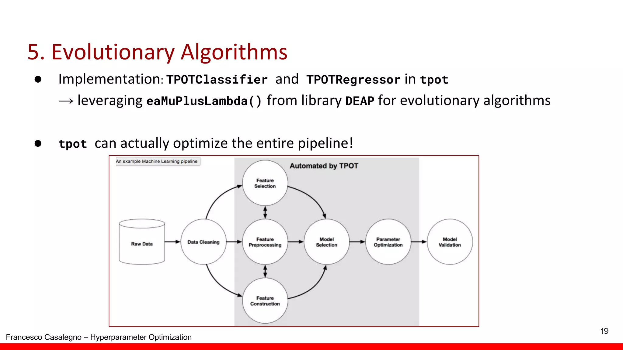Francesco Casalegno – Hyperparameter Optimization ● TPOTClassifier TPOTRegressor tpot → eaMuPlusLambda() DEAP ● tpot 19