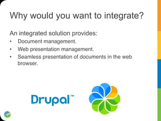 Why would you want to integrate?
An integrated solution provides:
•    Document management."
•    Web presentation management."
•    Seamless presentation of documents in the web
     browser."
 
