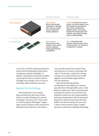 can also be cut both by reducing maintenance
needs and by streamlining the performance
of employees using the technology.5
In
addition, cloud options provide the possibility
of pivoting from fixed to variable expenses.
The bigger story, though, is how in-memory
technology shakes up business processes.
Beyond the technology
CIOs should short-circuit market
hype and determine which areas of their
business can take advantage of in-memory
technology. In last year’s Tech Trends report,
our “Reinventing the ERP Engine”6
chapter
asked a specific question: What would you do
differently if you could close your books in
seven seconds instead of seven days? Today,
with advances in in-memory technology, that
“what if” has become a reality that is driving
companies to consider both the costs of ERP
upgrades and the breakthrough benefits of
real-time operations.
Operational reporting and data
warehousing are easy targets for in-memory,
especially those with large (billion-plus-record)
datasets, complex joins, ad hoc querying needs,
and predictive analytics. Core processes with
long batch windows are also strong candidates:
planning and optimization jobs for pricing and
promotions, material requirements planning
(MRP), and sales forecasting. The sweet spot
is where massive amounts of data, complex
operations, and business challenges demanding
Infrastructure Finding data
In-memory
Disc-based disk storage
Data is mechanically
recorded on a spinning
disk—often on a large
array of networked
storage appliances.
main memory
Data is stored in the
machine’s main system
memory, allowing
in-line processing and
manipulation.
indirect For data to be read or
written, the correct address must
ﬁrst be found on the physical
disk, which is divided into
cylinders, blocks, and sectors.
Overhead for input/output (I/O)
activities causes delays to large
and/or complicated jobs.
direct Streamlined data
retrieval and processing; with no
mechanical parts, no movement
or alignment is involved.
Tech Trends 2014: Inspiring Disruption
102
 