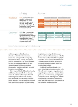 real-time support collide. Functions
where the availability of instantaneous
information can improve decision quality—
telecommunications, network management,
point-of-sale solutions—are good candidates
for an in-memory solution. Over the next
24 months, some of the more important
conversations you’ll have will likely be about
in-memory technologies.
Not every workload will be affected equally,
and the transition period will see a hearty
mix of old and new technologies. We’re still
in the early stages of businesses rewiring
their processes to take advantage of the new
engine. Analytics will continue to see the lion’s
share of investment, with in-memory–fueled
insights layered on top of existing legacy
processes. Point technical upgrades will offer
incremental benefits without the complexity
of another round of process transformation.
And ERP vendors are still in the midst of
rewriting their applications to exploit the
in-memory revolution.
And while benefits exist today, even
more compelling scenarios are coming soon.
The holy grail is in sight: a single data store
supporting transactions and analytics. This is
great news for CIOs looking to simplify the
complexity of back-end integration and data
management. It’s even better news for end
users, with new experiences made possible by
the simplified, unified landscape.
Efﬁciency
Columnar
Relational
Structure
Record 1 Customer 1
Name
Product A
Product
#111111
ID
Open
Record 2 Customer 2 Product B #222222Closed
Record 3 Customer 3 Product C #333333Closed
Record 4 Customer 4 Product B #444444Open
Status
Customer 1
Customer 2
Customer 3
Customer 4
Record 1
Product A
Product B
Product C
Record 2
Open
Closed
Record 3
#111111
#222222
#333333
#444444
Record 4
oltp1
Row-based structure
suited for transactional
integrity and SQL-based
querying. Complex queries
and joins require tiered
processing, with staging of
intermediate results, leading
to more I/O overhead.
olap2
Data is organized by
attributes (what would be
columns in relational structure),
allowing compression, eased
aggregation and analytics,
and faster complex queries
across large data sets.
Footnotes: 1
online transaction processing. 2
online analytical processing.
In-memory revolution
103
 