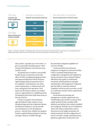 short sprints—typically one or two weeks—to
get to a potentially releasable product. That’s
instead of development cycles that last many
months or years.
Accelerated time to market is one possible
benefit, but just as important are the side
effects of better managing changing priorities
and improved alignment with the business.
Agile backlogs represent potential work to
be completed—stemming from new ideas,
unmet requirements, or enhancements and
fixes coming back from operations. Each
sprint sees the business sponsor (or product
owner, in agile parlance) re-establish priorities.
Development teams then tackle those items on
the top of the list.
Contrary to popular misconceptions,
agile development often requires a more
disciplined approach than traditional software
development methods. It can also provide
more transparency in the development
process—and real-time visibility into progress.
Iterative, rapid development begs for structure
and rigor, which are available through
the automated, integrated capabilities of
real-time DevOps.
Continuous build and continuous
integration are big parts of real-time DevOps.
Code is constantly being fed back into
configuration management and validated via
testing automation suites, giving developers
affirmation that quality is continuously
monitored, with dependencies managed
automatically in the background. Companies
gain the ability to automate technical
compliance and structural correctness, as well
as a continuous measure of how requirements
are being met.
Environment provisioning and
management is another opportunity area.
Traditionally, projects had to accept up-front
capital spend and ramp-up delays while
hardware and software were ordered, installed,
and configured. With the rise of virtualization,
cloud, and software-defined data centers,
this process can be largely automated: not
only procurement, but also configuration of
servers, networks, storage, operating systems,
platforms, applications, transactions, and
23%collaboration
22%app quality
22%customers
21%new services
20%time-to-market
19%revenue
18%cost savings
17%deploy frequency
The Dev
Innovates and
creates applications.
The beneﬁts of DevOps1
Percent improvement in business areas.
The Ops
Keeps infrastructure
running smoothly.
DevOps disciplines
Integrate and automate processes.
code
build
test
deploy
operate
Sources: 1
Computer Associates, "TechInsights report: What smart businesses know about DevOps," https://www.ca.com/us/register/forms/
collateral/techinsights-report-what-smart-businesses-know-about-devops.aspx, accessed January 3, 2014.
Tech Trends 2014: Inspiring Disruption
114
 
