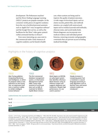 development. The Boltzmann machine1
and the Never-Ending Language Learning
(NELL)2
projects are popular examples. In the
consumer world, pieces of cognitive analytics
form the core of artificial personal assistants
such as Apple’s Siri® voice recognition software3
and the Google Now service, as well as the
backbone for the Xbox® video game system’s
verbal command interface in Kinect®.
Even more interesting use cases exist in
the commercial realm. Early instances of
cognitive analytics can be found in health
care, where systems are being used to
improve the quality of patient outcomes.
A wide range of structured inputs, such as
claims records, patient files, and outbreak
statistics, are coupled with unstructured
inputs such as medical journals and textbooks,
clinician notes, and social media feeds.
Patient diagnoses can incorporate new
medical evidence and individual patient
histories, removing economic and geographic
constraints that can prevent access to leading
medical knowledge.
1950
Alan Turing publishes
Computing Machinery
and Intelligence, in which
he proposes what is now
referred to as the Turing
Test: an experiment that
tests a machine’s ability
to exhibit intelligent
human behavior.1
1968
The ﬁrst commercial
database management
system, or Information
Management System
(IMS), tracks huge
amounts of structured
data such as bills of
materials for NASA’s
Apollo Moon mission.2
1972
Work begins on MYCIN,
an early expert system
that identiﬁes infectious
blood diseases using an
inference engine and
suggests diagnoses and
treatments. Despite high
performance, it is not
used in practice.3
1980s
Steady increases in
computing power fuel
a revolution in natural
language processing as
early algorithms such as
decision trees and neural
network models are
introduced.4
Highlights in the history of cognitive analytics
1950 1960 1970 1980
1e+4
1e+12
1e+8
computations per kilowatt-hour9
Sources: 1
A. M. Turing, "Computing machinery and intelligence," 1950, Mind 49: 433-460, http://www.csee.umbc.edu/courses/471/papers/turing.pdf,
accessed December 27, 2013. 2
IBM, "Icons of progress: Information management system," http://www-03.ibm.com/ibm/history/ibm100/us/en/
icons/ibmims, accessed December 27, 2013. 3
Edward H. Shortliffe, A rule-based approach to the generation of advice and explanations in clinical
medicine, Stanford University Knowledge Systems Laboratory, 1977. 4
Joab Jackson, "Biologically inspired: How neural networks are ﬁnally maturing,"
ComputerWorld, December 17, 2013, http://news.idg.no/cw/art.cfm?id=213D1459-C657-E067-397E42988ACBFC00, accessed December 27,
2013. 5
IBM, "Icons of progress: TAKMI - Bringing order to unstructured data," http://www-03.ibm.com/ibm/history/ibm100/us/en/icons/takmi,
accessed December 27, 2013.
Tech Trends 2014: Inspiring Disruption
20
 