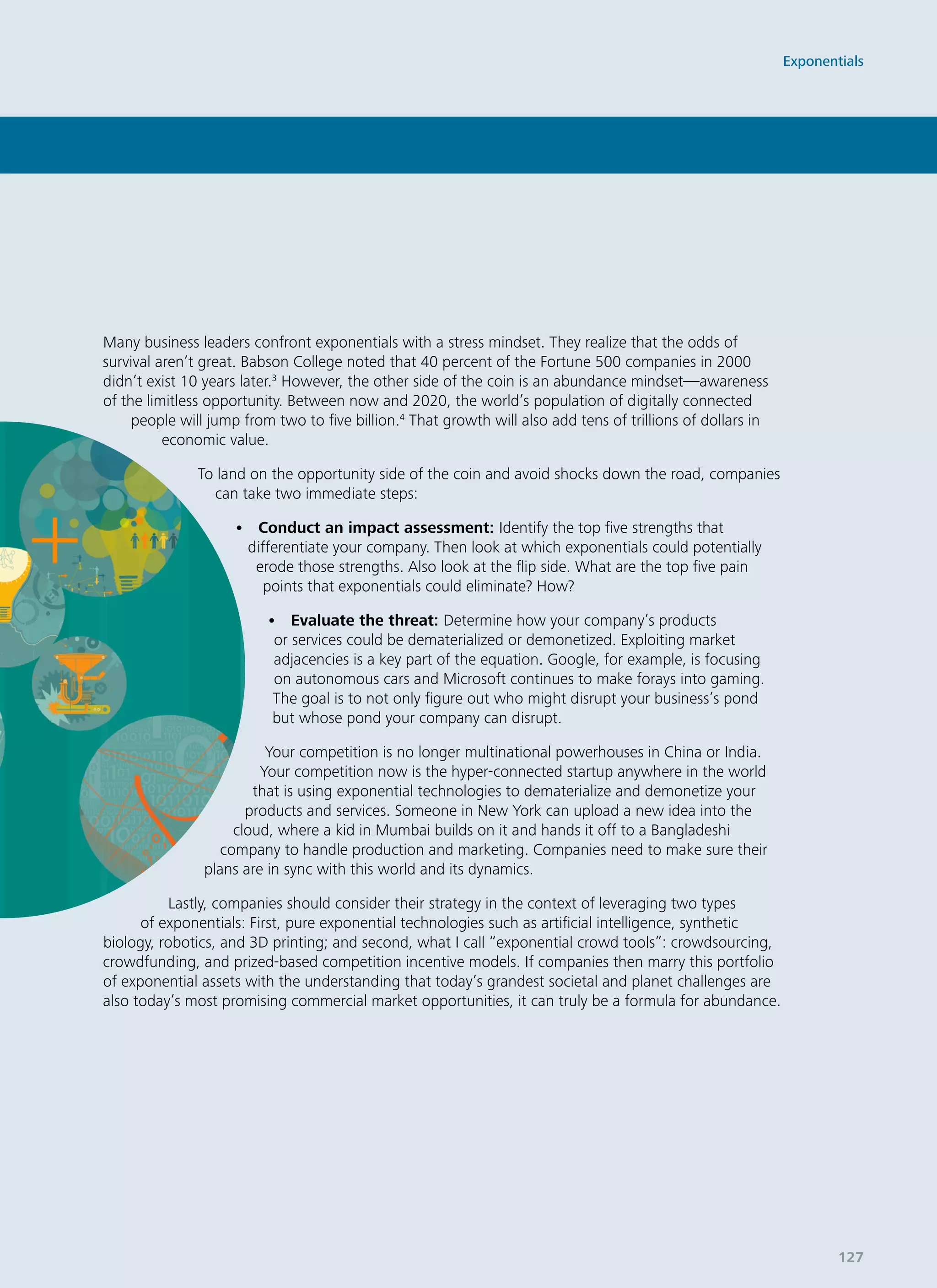 Many business leaders confront exponentials with a stress mindset. They realize that the odds of
survival aren’t great. Babson College noted that 40 percent of the Fortune 500 companies in 2000
didn’t exist 10 years later.3
However, the other side of the coin is an abundance mindset—awareness
of the limitless opportunity. Between now and 2020, the world’s population of digitally connected
people will jump from two to five billion.4
That growth will also add tens of trillions of dollars in
economic value.
To land on the opportunity side of the coin and avoid shocks down the road, companies
can take two immediate steps:
• Conduct an impact assessment: Identify the top five strengths that
differentiate your company. Then look at which exponentials could potentially
erode those strengths. Also look at the flip side. What are the top five pain
points that exponentials could eliminate? How?
• Evaluate the threat: Determine how your company’s products
or services could be dematerialized or demonetized. Exploiting market
adjacencies is a key part of the equation. Google, for example, is focusing
on autonomous cars and Microsoft continues to make forays into gaming.
The goal is to not only figure out who might disrupt your business’s pond
but whose pond your company can disrupt.
Your competition is no longer multinational powerhouses in China or India.
Your competition now is the hyper-connected startup anywhere in the world
that is using exponential technologies to dematerialize and demonetize your
products and services. Someone in New York can upload a new idea into the
cloud, where a kid in Mumbai builds on it and hands it off to a Bangladeshi
company to handle production and marketing. Companies need to make sure their
plans are in sync with this world and its dynamics.
Lastly, companies should consider their strategy in the context of leveraging two types
of exponentials: First, pure exponential technologies such as artificial intelligence, synthetic
biology, robotics, and 3D printing; and second, what I call “exponential crowd tools”: crowdsourcing,
crowdfunding, and prized-based competition incentive models. If companies then marry this portfolio
of exponential assets with the understanding that today’s grandest societal and planet challenges are
also today’s most promising commercial market opportunities, it can truly be a formula for abundance.
Exponentials
127
 