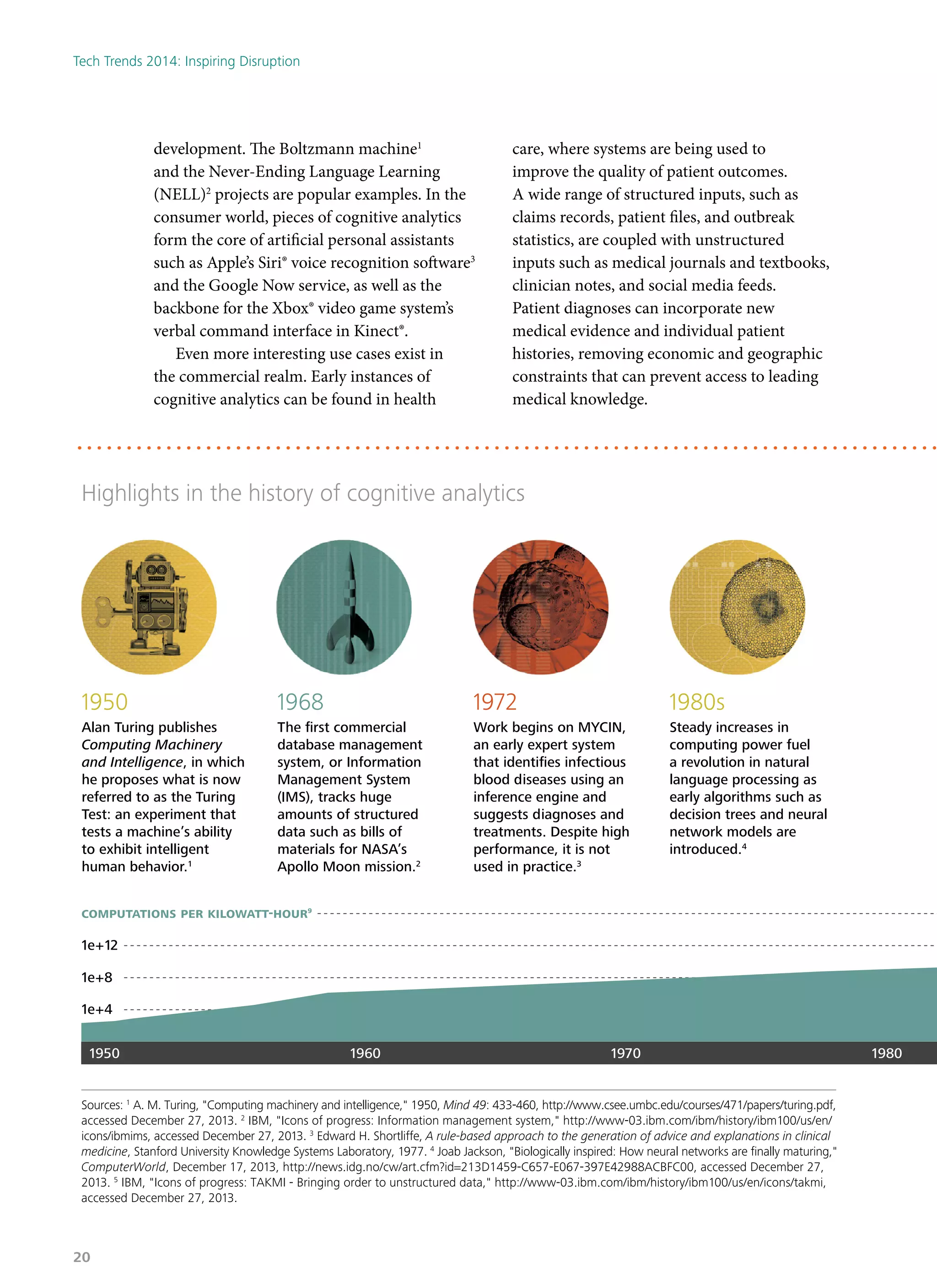 development. The Boltzmann machine1
and the Never-Ending Language Learning
(NELL)2
projects are popular examples. In the
consumer world, pieces of cognitive analytics
form the core of artificial personal assistants
such as Apple’s Siri® voice recognition software3
and the Google Now service, as well as the
backbone for the Xbox® video game system’s
verbal command interface in Kinect®.
Even more interesting use cases exist in
the commercial realm. Early instances of
cognitive analytics can be found in health
care, where systems are being used to
improve the quality of patient outcomes.
A wide range of structured inputs, such as
claims records, patient files, and outbreak
statistics, are coupled with unstructured
inputs such as medical journals and textbooks,
clinician notes, and social media feeds.
Patient diagnoses can incorporate new
medical evidence and individual patient
histories, removing economic and geographic
constraints that can prevent access to leading
medical knowledge.
1950
Alan Turing publishes
Computing Machinery
and Intelligence, in which
he proposes what is now
referred to as the Turing
Test: an experiment that
tests a machine’s ability
to exhibit intelligent
human behavior.1
1968
The ﬁrst commercial
database management
system, or Information
Management System
(IMS), tracks huge
amounts of structured
data such as bills of
materials for NASA’s
Apollo Moon mission.2
1972
Work begins on MYCIN,
an early expert system
that identiﬁes infectious
blood diseases using an
inference engine and
suggests diagnoses and
treatments. Despite high
performance, it is not
used in practice.3
1980s
Steady increases in
computing power fuel
a revolution in natural
language processing as
early algorithms such as
decision trees and neural
network models are
introduced.4
Highlights in the history of cognitive analytics
1950 1960 1970 1980
1e+4
1e+12
1e+8
computations per kilowatt-hour9
Sources: 1
A. M. Turing, "Computing machinery and intelligence," 1950, Mind 49: 433-460, http://www.csee.umbc.edu/courses/471/papers/turing.pdf,
accessed December 27, 2013. 2
IBM, "Icons of progress: Information management system," http://www-03.ibm.com/ibm/history/ibm100/us/en/
icons/ibmims, accessed December 27, 2013. 3
Edward H. Shortliffe, A rule-based approach to the generation of advice and explanations in clinical
medicine, Stanford University Knowledge Systems Laboratory, 1977. 4
Joab Jackson, "Biologically inspired: How neural networks are ﬁnally maturing,"
ComputerWorld, December 17, 2013, http://news.idg.no/cw/art.cfm?id=213D1459-C657-E067-397E42988ACBFC00, accessed December 27,
2013. 5
IBM, "Icons of progress: TAKMI - Bringing order to unstructured data," http://www-03.ibm.com/ibm/history/ibm100/us/en/icons/takmi,
accessed December 27, 2013.
Tech Trends 2014: Inspiring Disruption
20
 