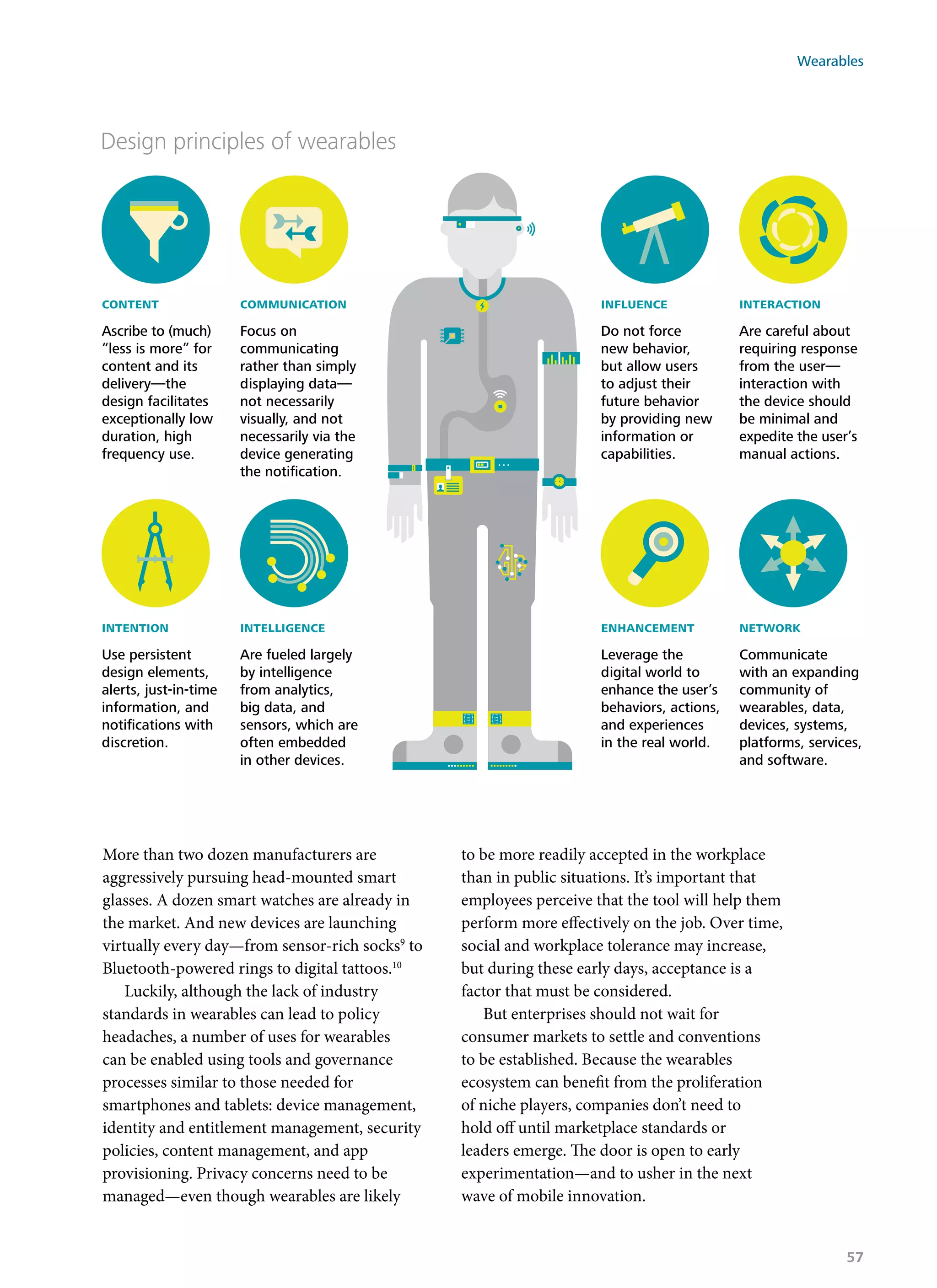 Design principles of wearables
content
Ascribe to (much)
“less is more” for
content and its
delivery—the
design facilitates
exceptionally low
duration, high
frequency use.
communication
Focus on
communicating
rather than simply
displaying data—
not necessarily
visually, and not
necessarily via the
device generating
the notiﬁcation.
intention
Use persistent
design elements,
alerts, just-in-time
information, and
notiﬁcations with
discretion.
influence
Do not force
new behavior,
but allow users
to adjust their
future behavior
by providing new
information or
capabilities.
intelligence
Are fueled largely
by intelligence
from analytics,
big data, and
sensors, which are
often embedded
in other devices.
interaction
Are careful about
requiring response
from the user—
interaction with
the device should
be minimal and
expedite the user’s
manual actions.
enhancement
Leverage the
digital world to
enhance the user’s
behaviors, actions,
and experiences
in the real world.
network
Communicate
with an expanding
community of
wearables, data,
devices, systems,
platforms, services,
and software.
More than two dozen manufacturers are
aggressively pursuing head-mounted smart
glasses. A dozen smart watches are already in
the market. And new devices are launching
virtually every day—from sensor-rich socks9
to
Bluetooth-powered rings to digital tattoos.10
Luckily, although the lack of industry
standards in wearables can lead to policy
headaches, a number of uses for wearables
can be enabled using tools and governance
processes similar to those needed for
smartphones and tablets: device management,
identity and entitlement management, security
policies, content management, and app
provisioning. Privacy concerns need to be
managed—even though wearables are likely
to be more readily accepted in the workplace
than in public situations. It’s important that
employees perceive that the tool will help them
perform more effectively on the job. Over time,
social and workplace tolerance may increase,
but during these early days, acceptance is a
factor that must be considered.
But enterprises should not wait for
consumer markets to settle and conventions
to be established. Because the wearables
ecosystem can benefit from the proliferation
of niche players, companies don’t need to
hold off until marketplace standards or
leaders emerge. The door is open to early
experimentation—and to usher in the next
wave of mobile innovation.
Wearables
57
 